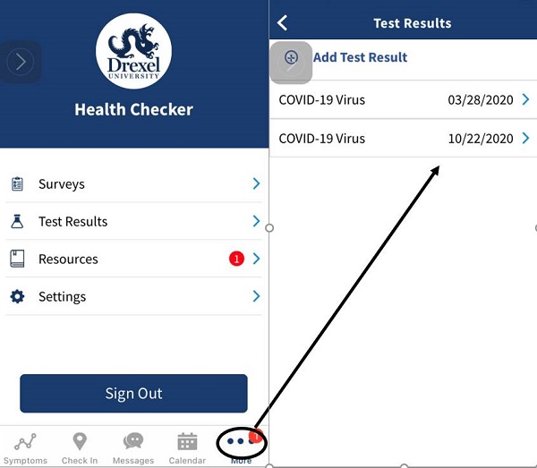 Drexel Health Tracker 'Test Results' panel